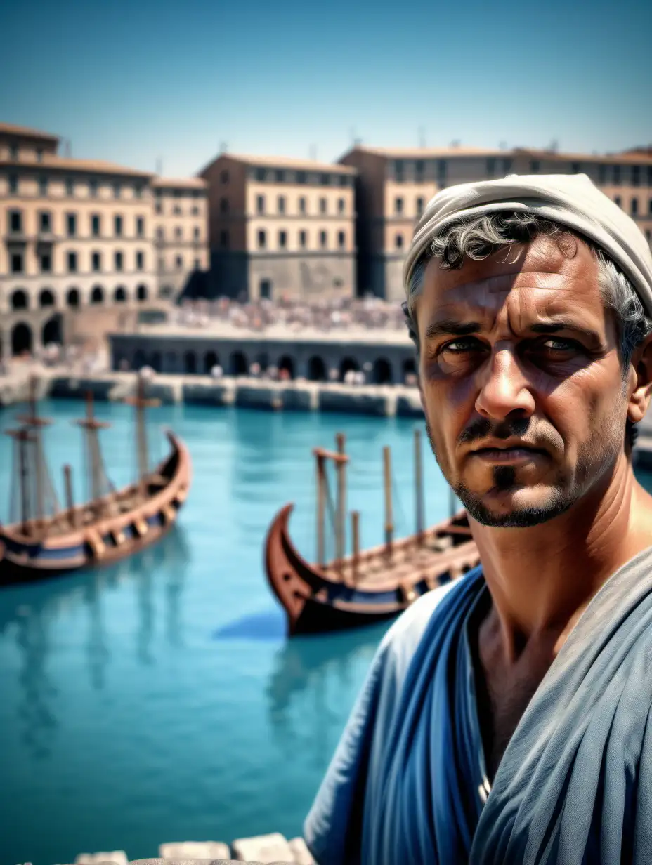 realistic closeup picture of a dockworker in ancient rome (Background of roman docks with ships). light blue in picture