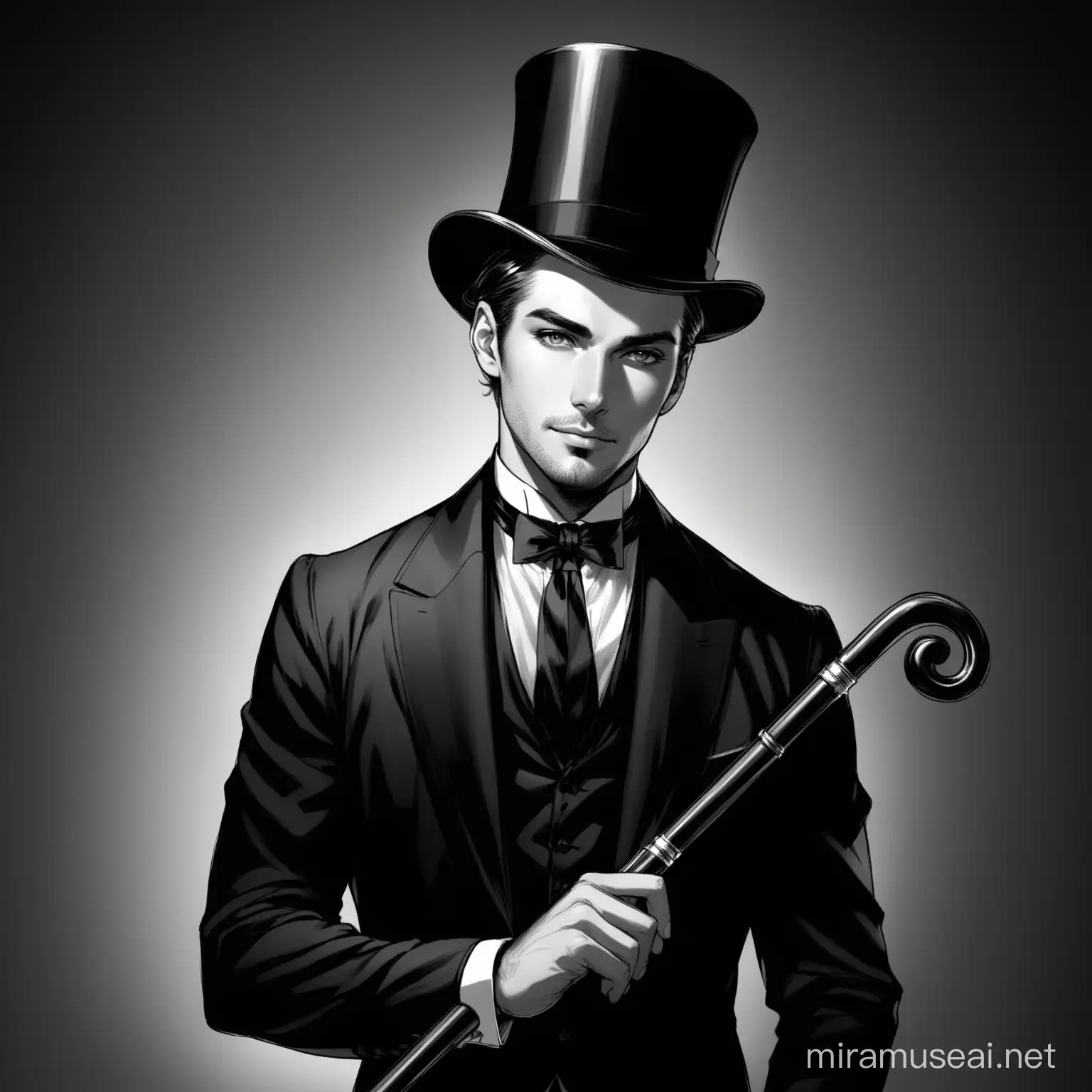 Stylish Gentleman in Vintage Attire with Cane and Top Hat