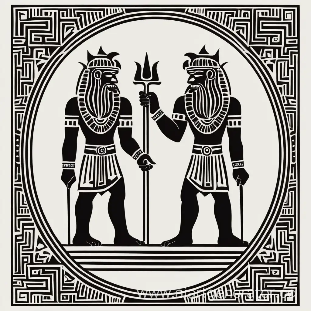 Simple logo of a lava border frame Twins gods in Sumerian relief style,
