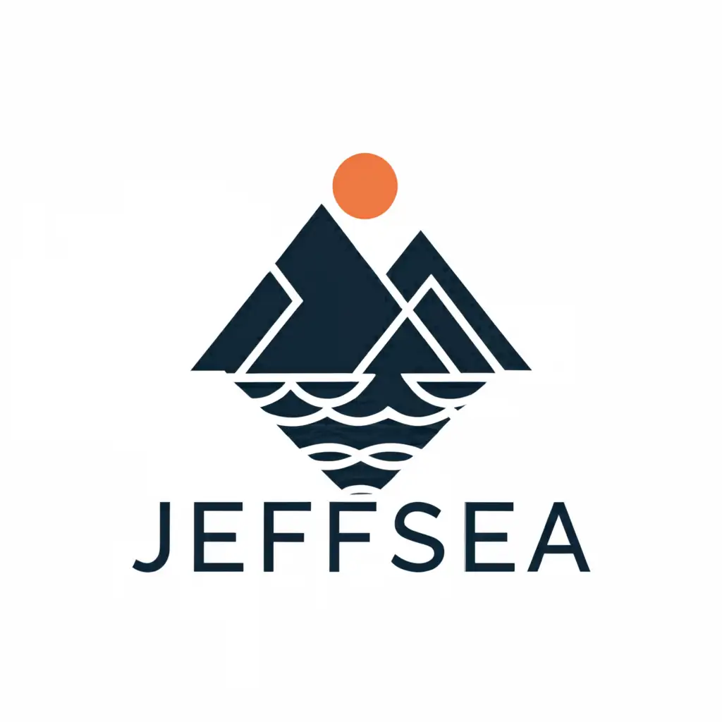 a logo design,with the text 'JeffSea', main symbol:2 mountains reflected in Lake, black and white,Minimalistic,clear background