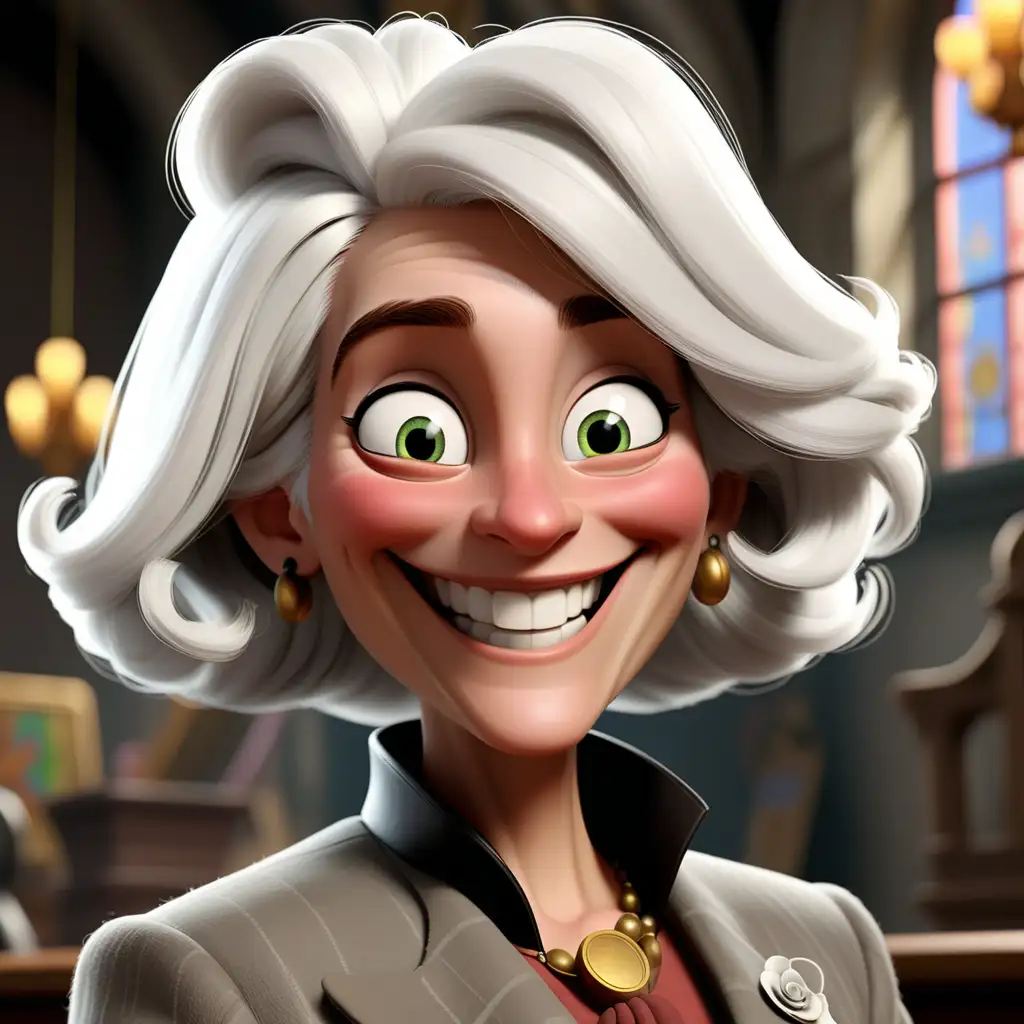 The female mayor of Ghent with white hair aged 40 is smiling.  Disney Pixar Style. 