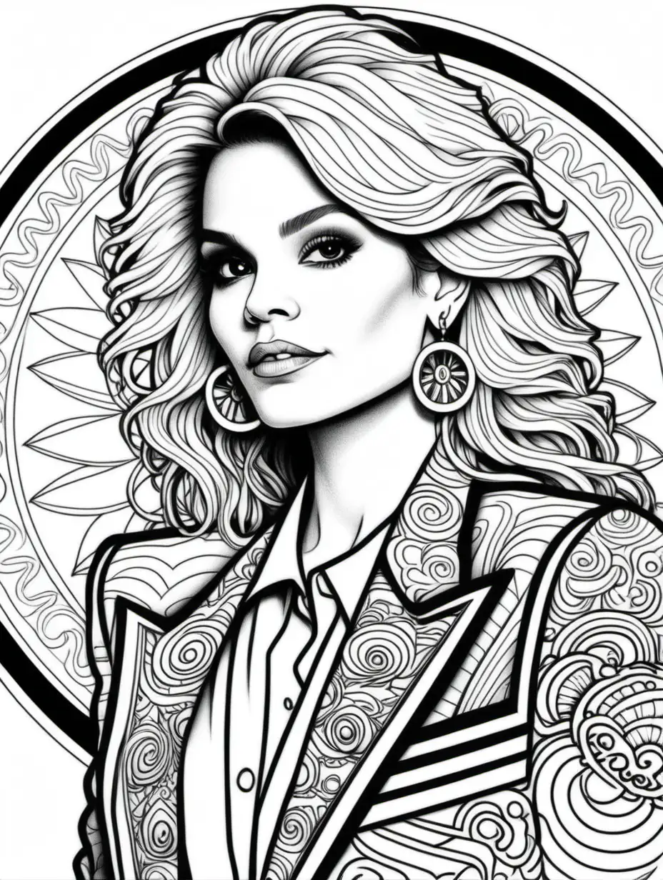 adult coloring book, clean black and white, single line, mandala in the shape of the back of a teenage girl with big teased 80's hair like David Lee Roth, and large earrings, wearing a long blazer with extra big 80's shoulder pads and a mandala print