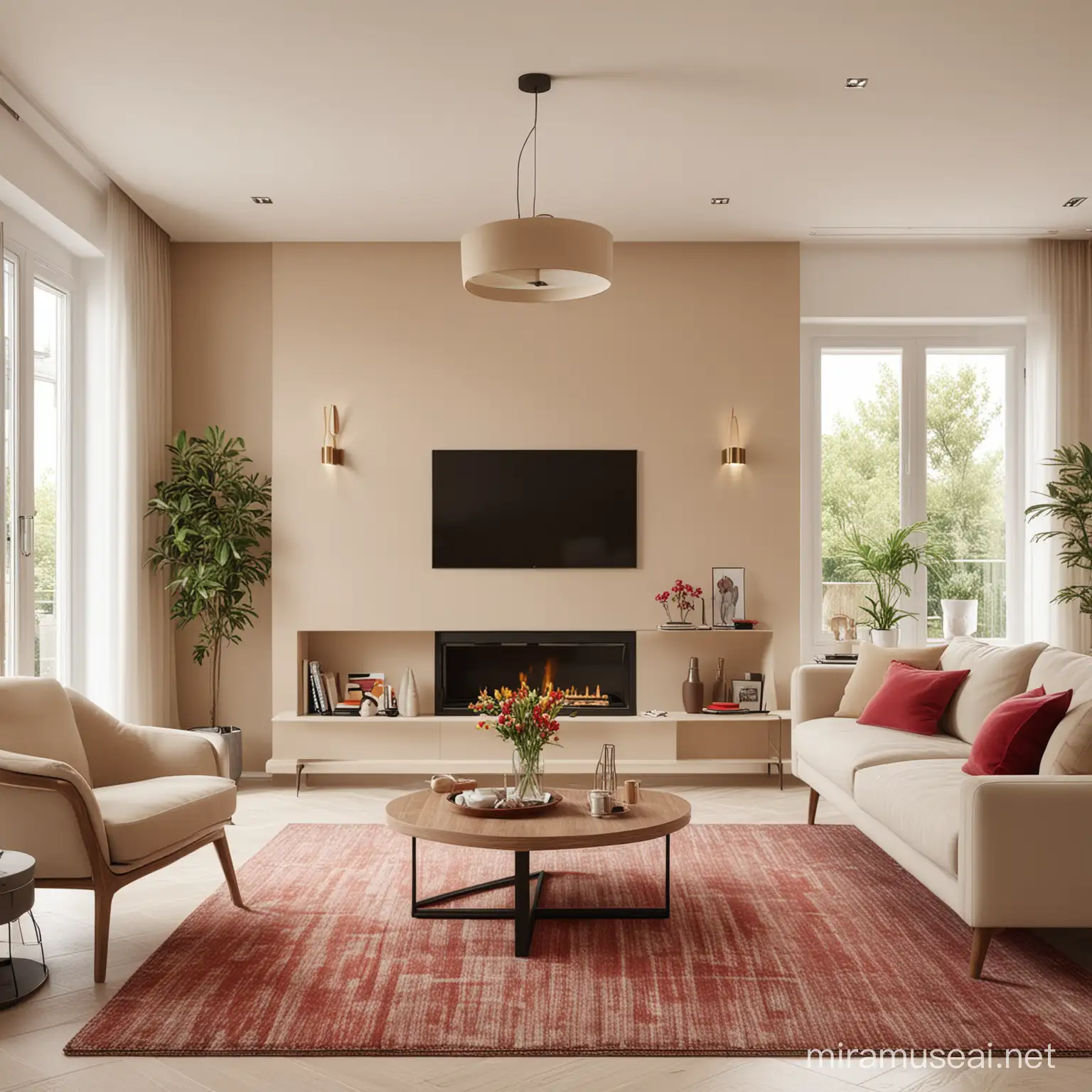 Beige Living Room with Bright Bordotrot Accents Vibrant 4K Interior Design
