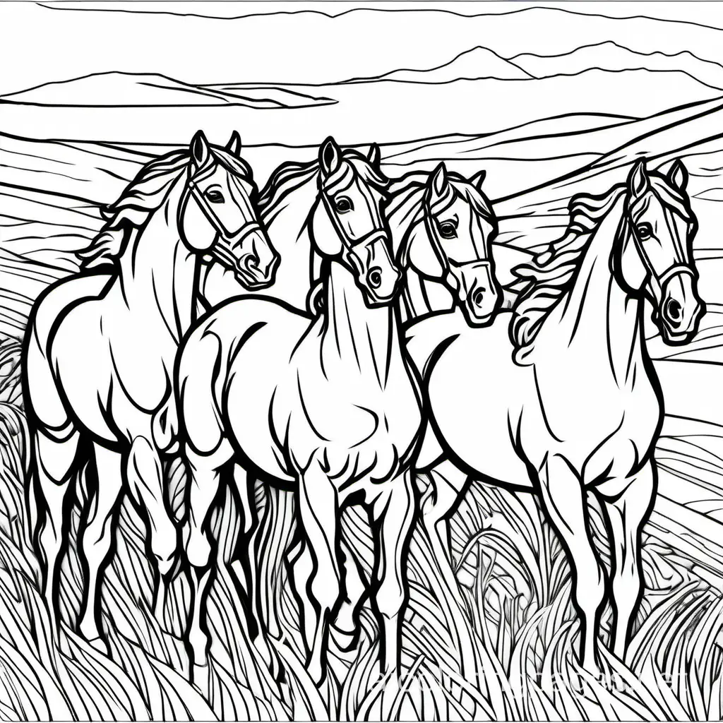 sir frederick leighton horses, Coloring Page, black and white, line art, white background, Simplicity, Ample White Space. The background of the coloring page is plain white to make it easy for young children to color within the lines. The outlines of all the subjects are easy to distinguish, making it simple for kids to color without too much difficulty