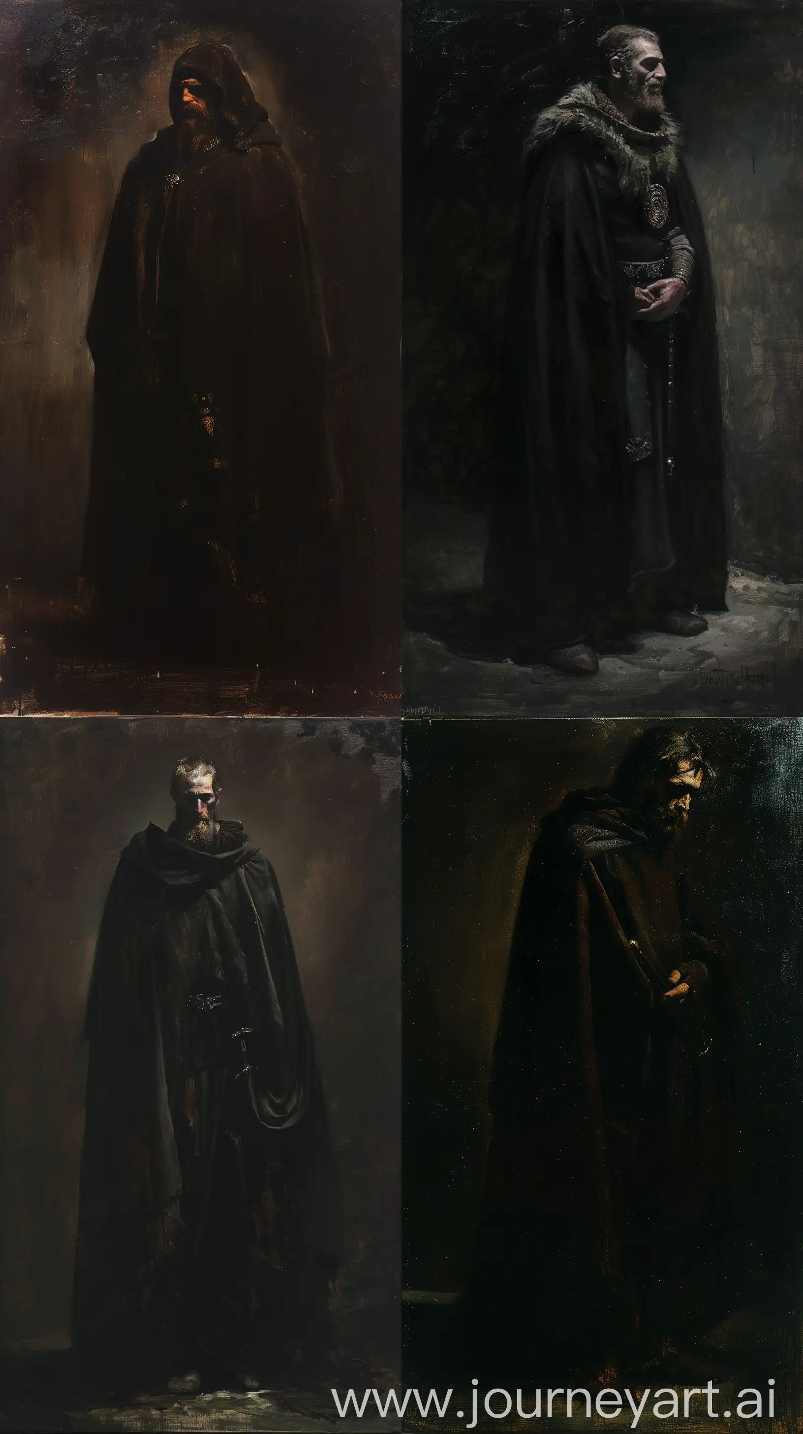 Alfred the Great, cloaked in shadows, stands resolute in an oil painting, his regal figure outlined by the darkness, hinting at the weight of his responsibilities and the challenges he faced during his reign. --ar 9:16