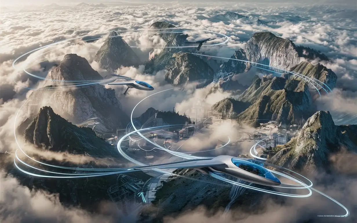 The majestic peaks and deep valleys of Huangshan are encircled by a vast sea of clouds, creating an ethereal atmosphere. Above these ancient mountains, a series of futuristic aircraft glide through the sky with graceful trajectories. These vehicles boast cutting-edge designs, featuring smooth composite material shells, transparent cockpits, and blue-glowing efficient thrusters. Rendered in the detailed CG style, the aircraft's intricate details and lighting effects come to life. From a bird's-eye view, we can see the spiraling contrails left by the aircraft as they weave through the clouds, their shadows interplaying with the natural light on the mountain slopes, and the futuristic technological facilities among the peaks, adding more depth and dynamism to the scene.