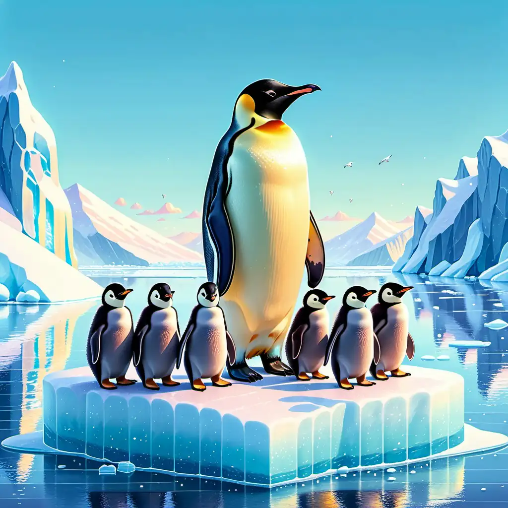 Kawaii Style Illustration of Majestic Emperor Penguin with Chicks on Antarctic Ice Floe