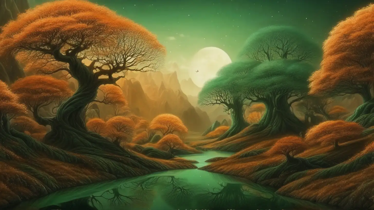 Retro Fantasy Nature Scene in Green Brown and Dark Orange Tones