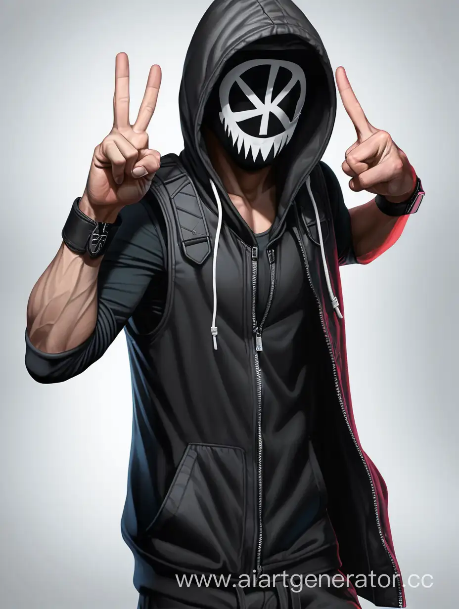 Mysterious-Masked-Figure-Gesturing-Peace-Sign-in-Sleeveless-Hooded-Jacket