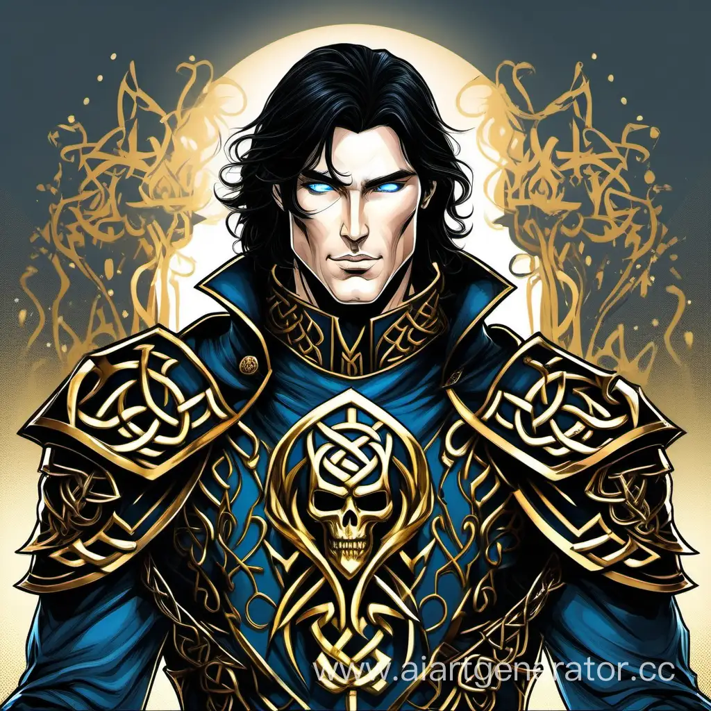 Кельтский принц, красивый, прямые чёрные волосы и синие глаза, накаченный, чёрный кафтан с золотом, чёрные доспехи с золотыми черепами, дикая охота, средневековье, симметрия, рисунок, комикс, портрет