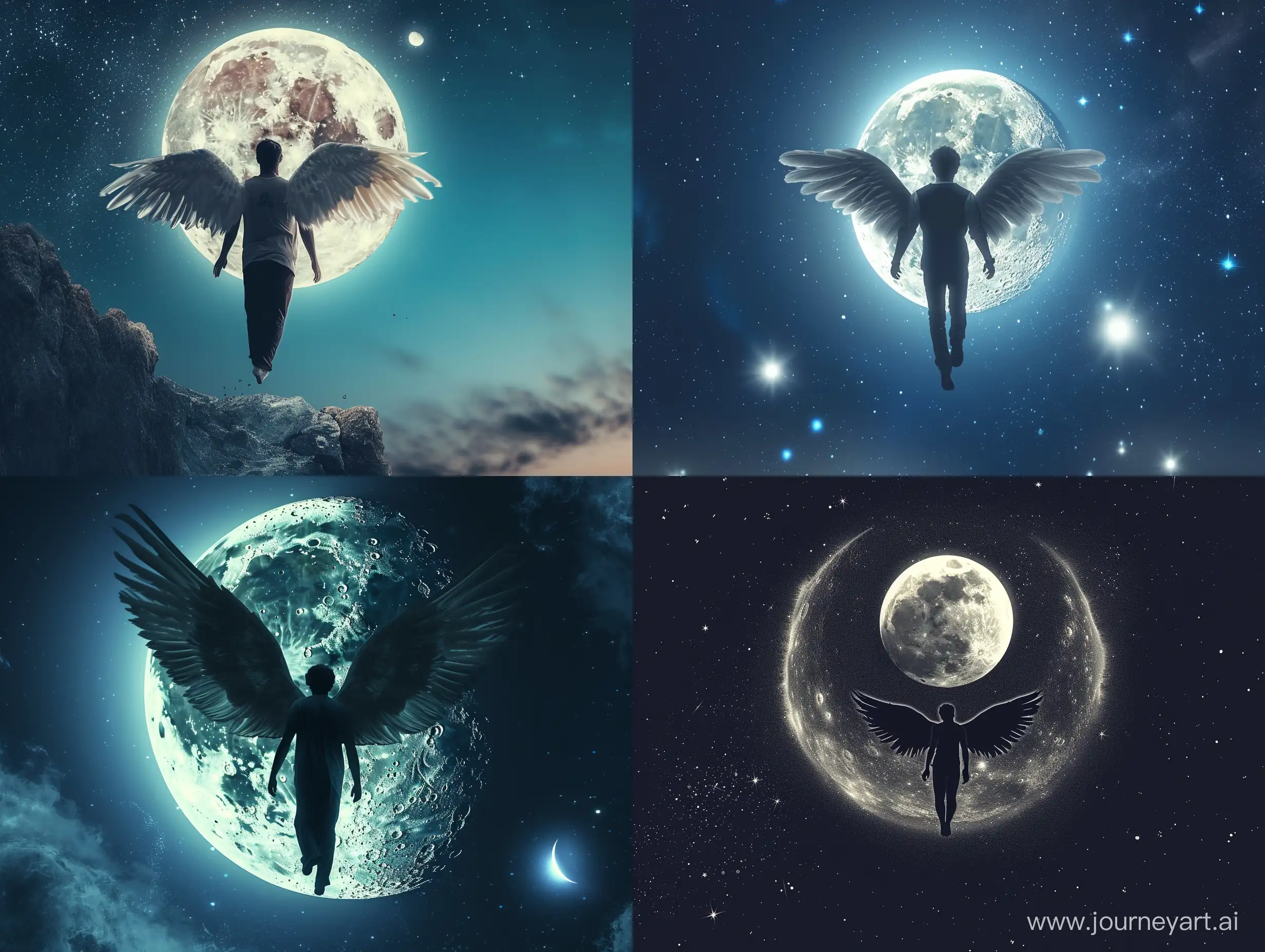Man with angel wings flying to the moon