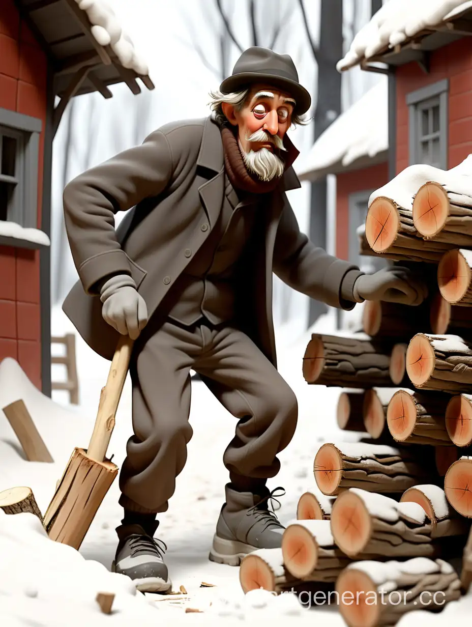 Бомж крадется в деревне к дровам зимой

