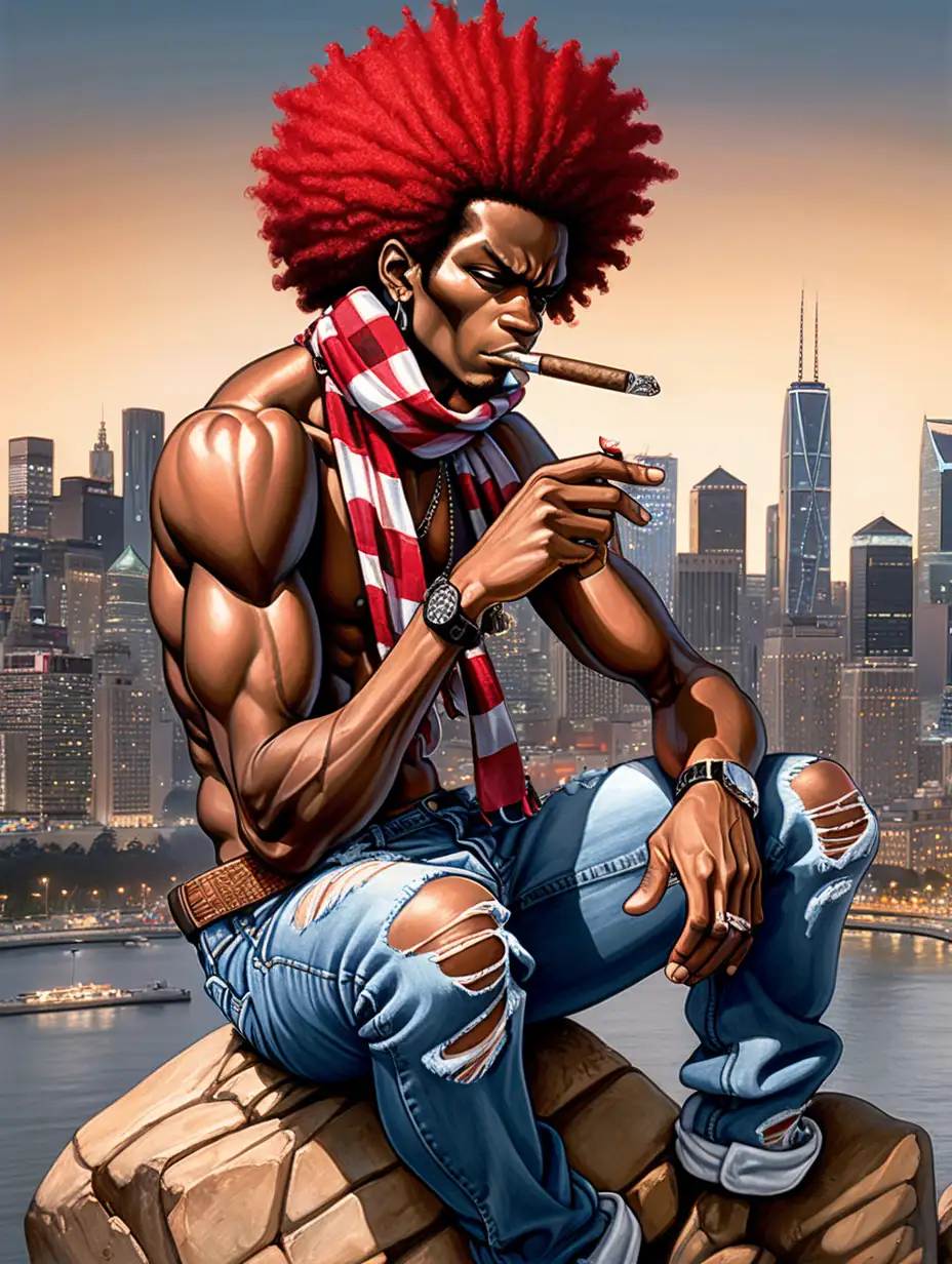 A drawing of a shirtless black man wearing ripped blue jeans and a long red and white checkered bandana tied around his afro. He is holding a cigar in the palm of his hand and slicing it open with a ginsu knife. Hes sitting on a large rock with a city skyline in the distance. Dramatic. Anime. dramatic. stoic. emotional.