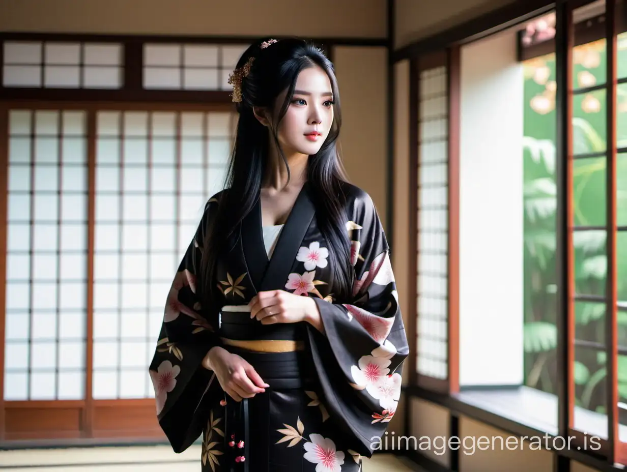 Elegant-Woman-in-Black-Kimono-Admiring-Mansion-View