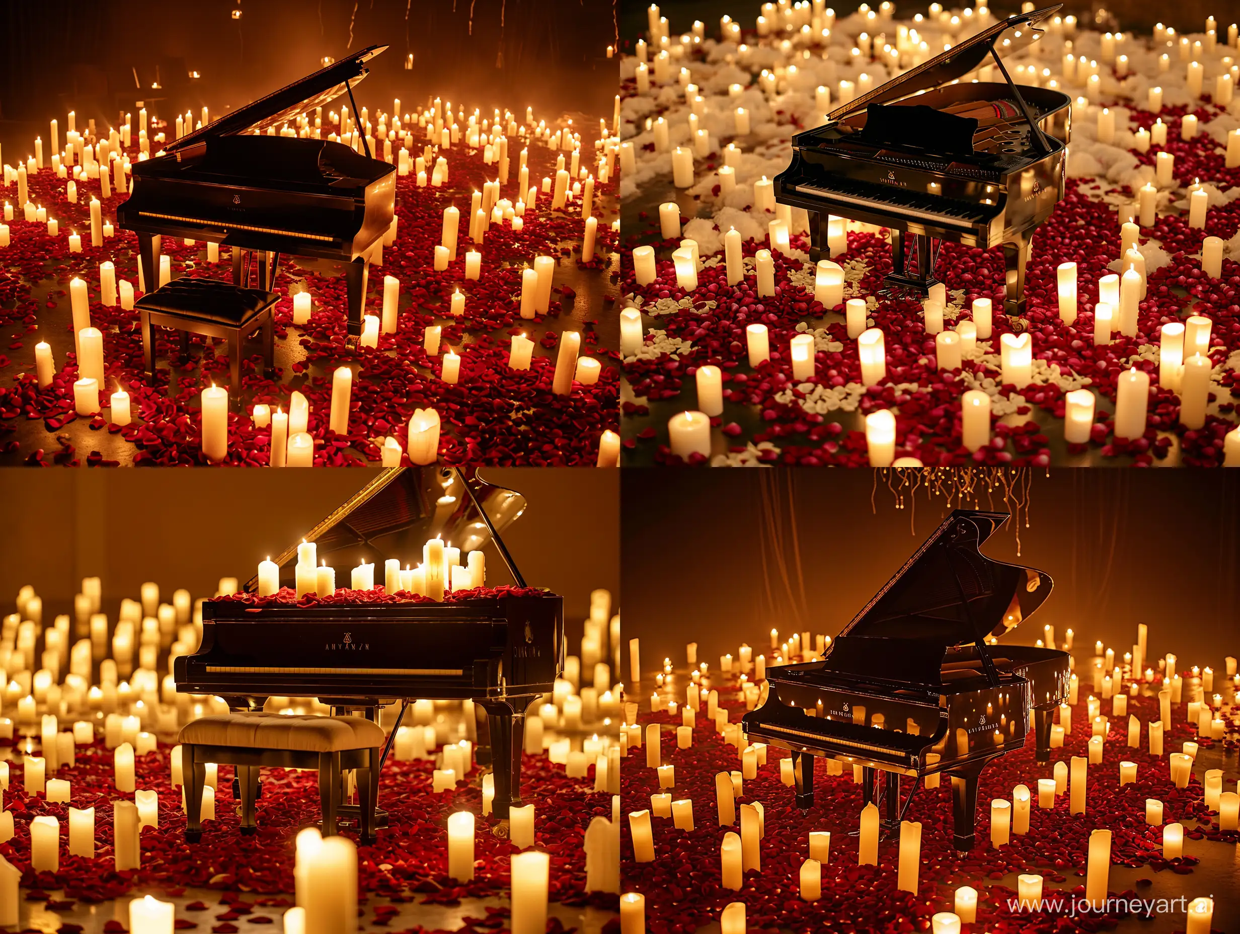 рояль при тысяче свечей и лепестков роз