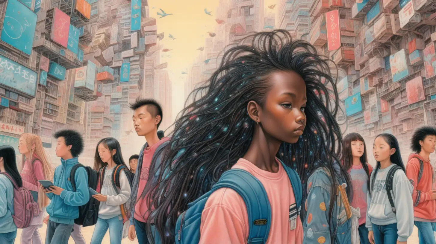  barcode, flexible, realistic, powerful, by wayne barlowe,  art by Victto Ngai, blobby in the sky, by Zeng Fanzhi, enosis, city, melanin friends, long flowy hair, busy, students walking together