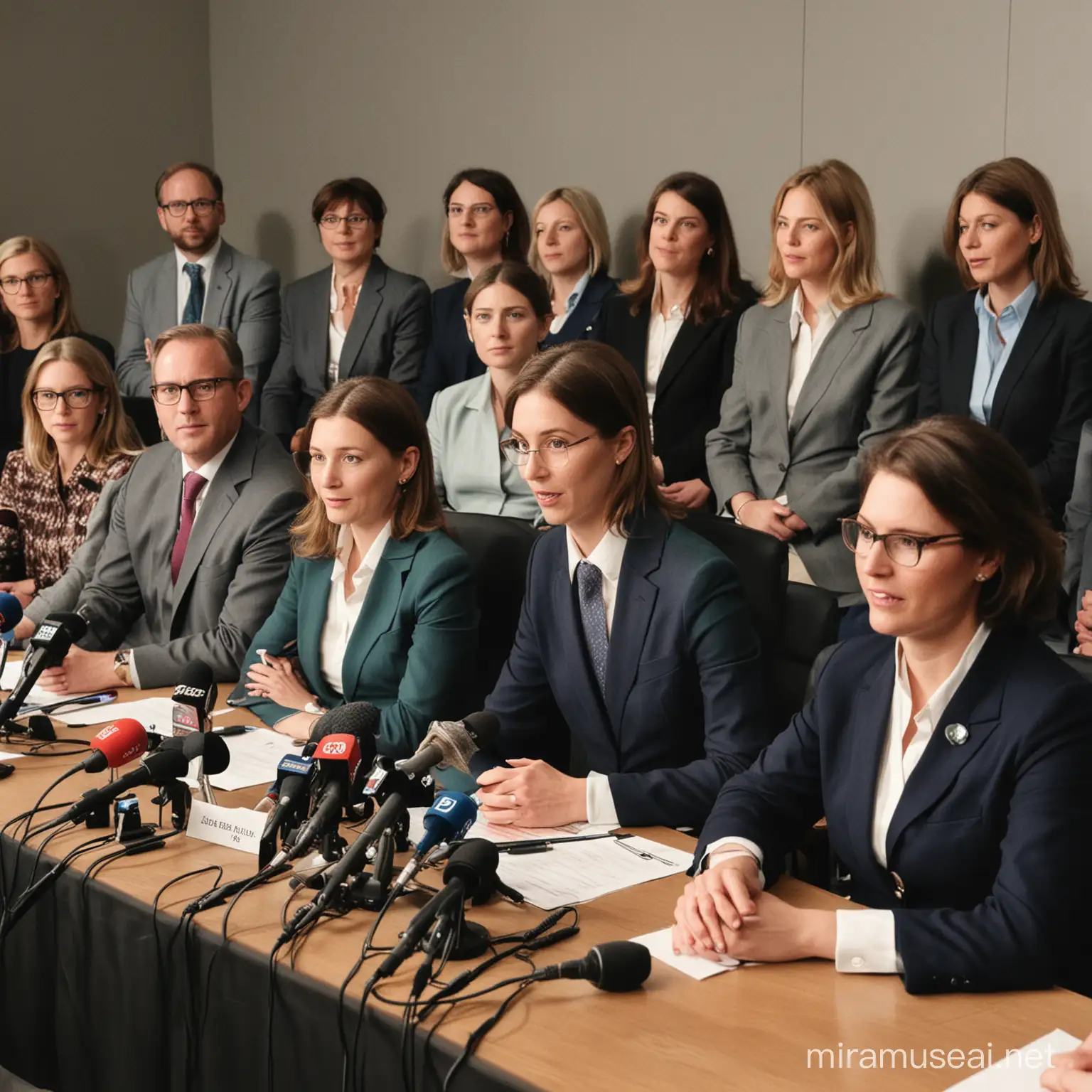 Could you please provide me with a photo illustrating a press conference organized by Lydia Bank, clearly showing company executives seated at a table with microphones in front of them, media representatives filming the executives, and journalists standing, holding microphones extended towards the Lydia executives and asking them questions