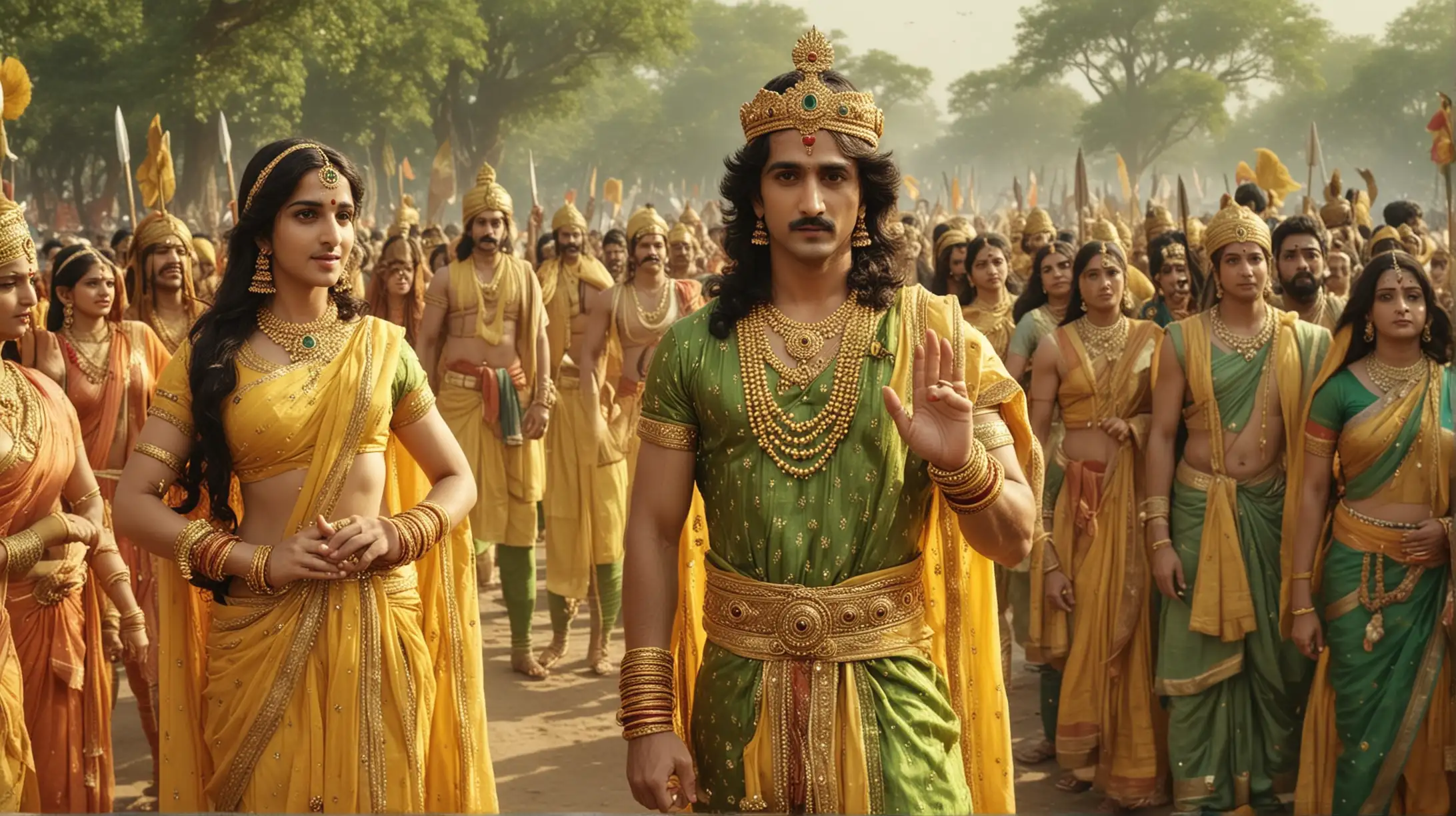 Generate king shantanu in green outfit and queen satyavati in yellow outfit in Mahabharata