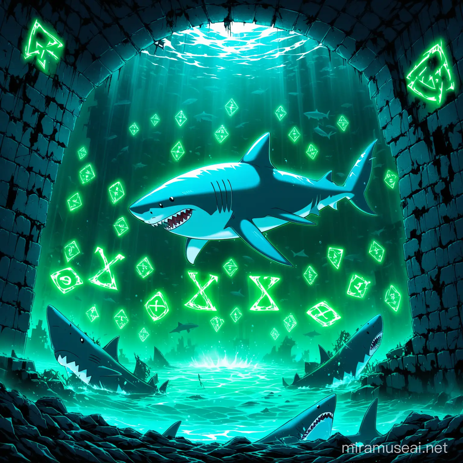 Ghost-Shark
appreance-shark body/see-through/full body/ noir-blue /white/scary/shark-runes glyphs
background-under ruins/water/neon green
