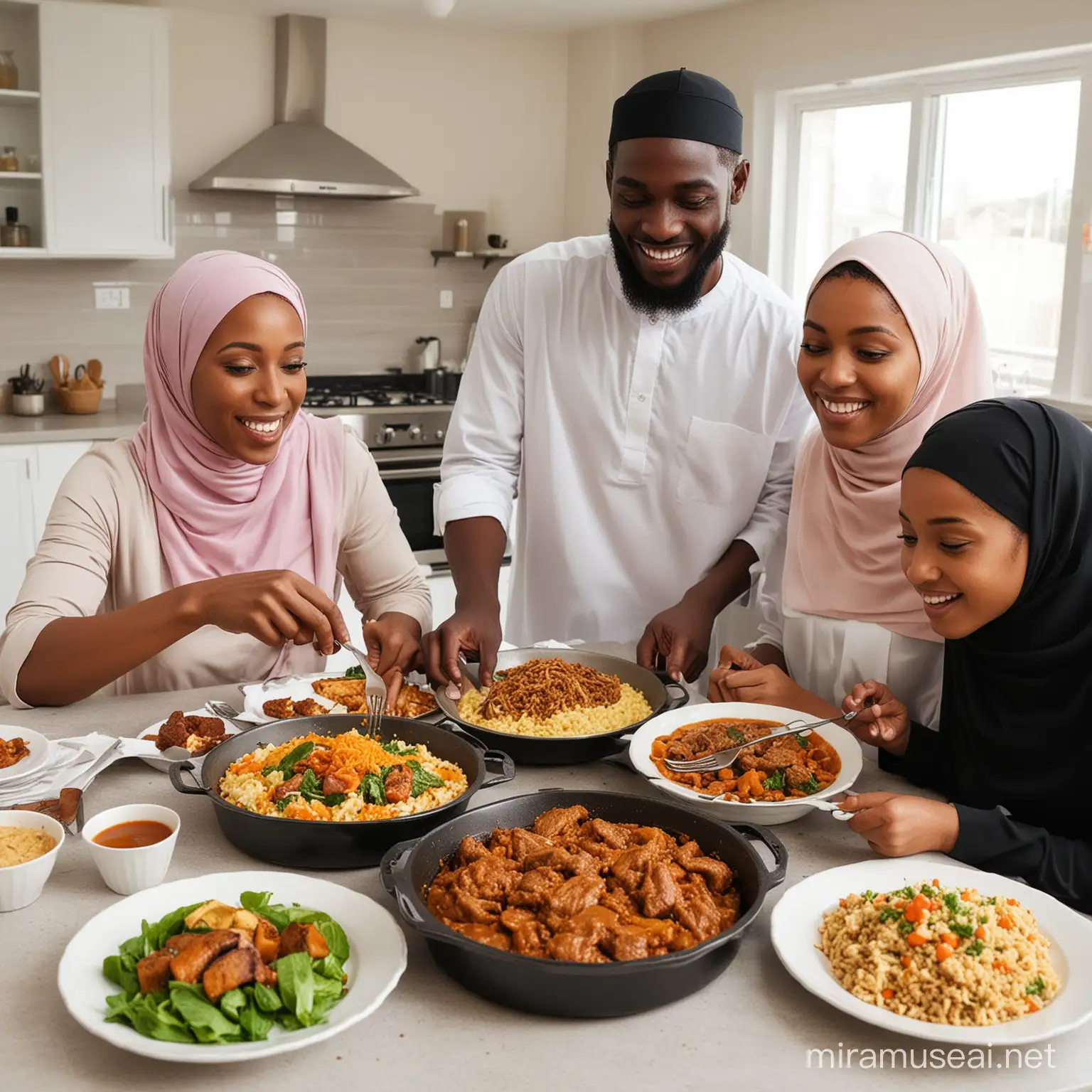 black muslim family enjoying homecooked meal