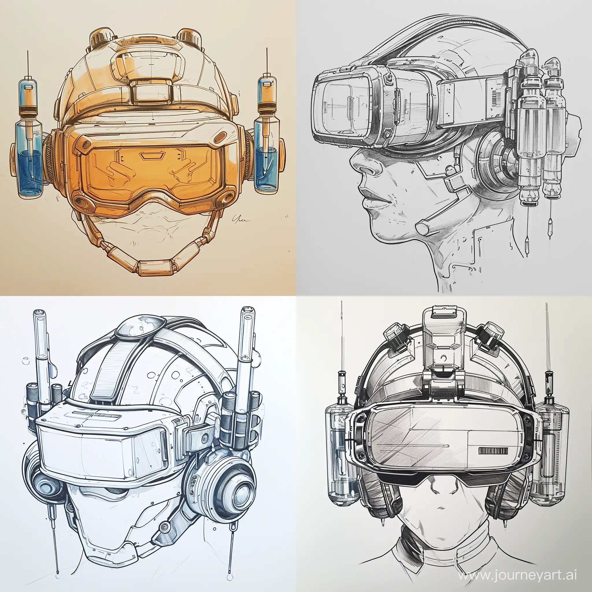 Сгенерируй чертеж шлема виртуальной реальности с ампулами по бокам