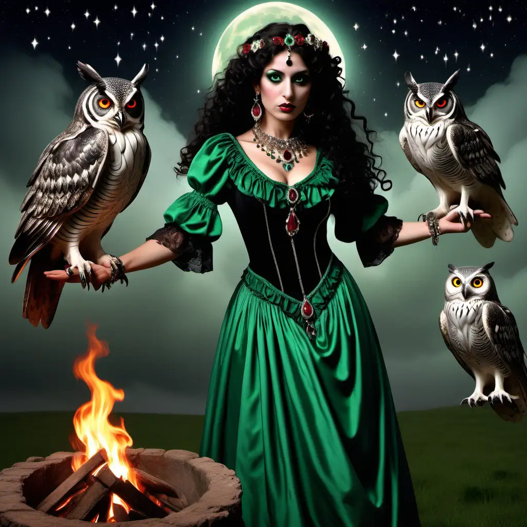A Spanish gypsy lady with dark long curly  hair, black mascara on her eyelashes & black eyeliner, she is wearing a green velvet black corded laced-up dress & with green satin inserts & teardrop ruby jewels all around the hem of the dress , she wears Victorian Era ruby earrings & matching ruby & silver necklace & bracelet. She is reciting an incantation of her ancestors during her ritual of a protection magic. There is a bonfire surrounded by a horseshoe shape on the ground,  it is midnight & the stars are in a pattern of a winged horse looking down on the lady. An owl looks at the lady

