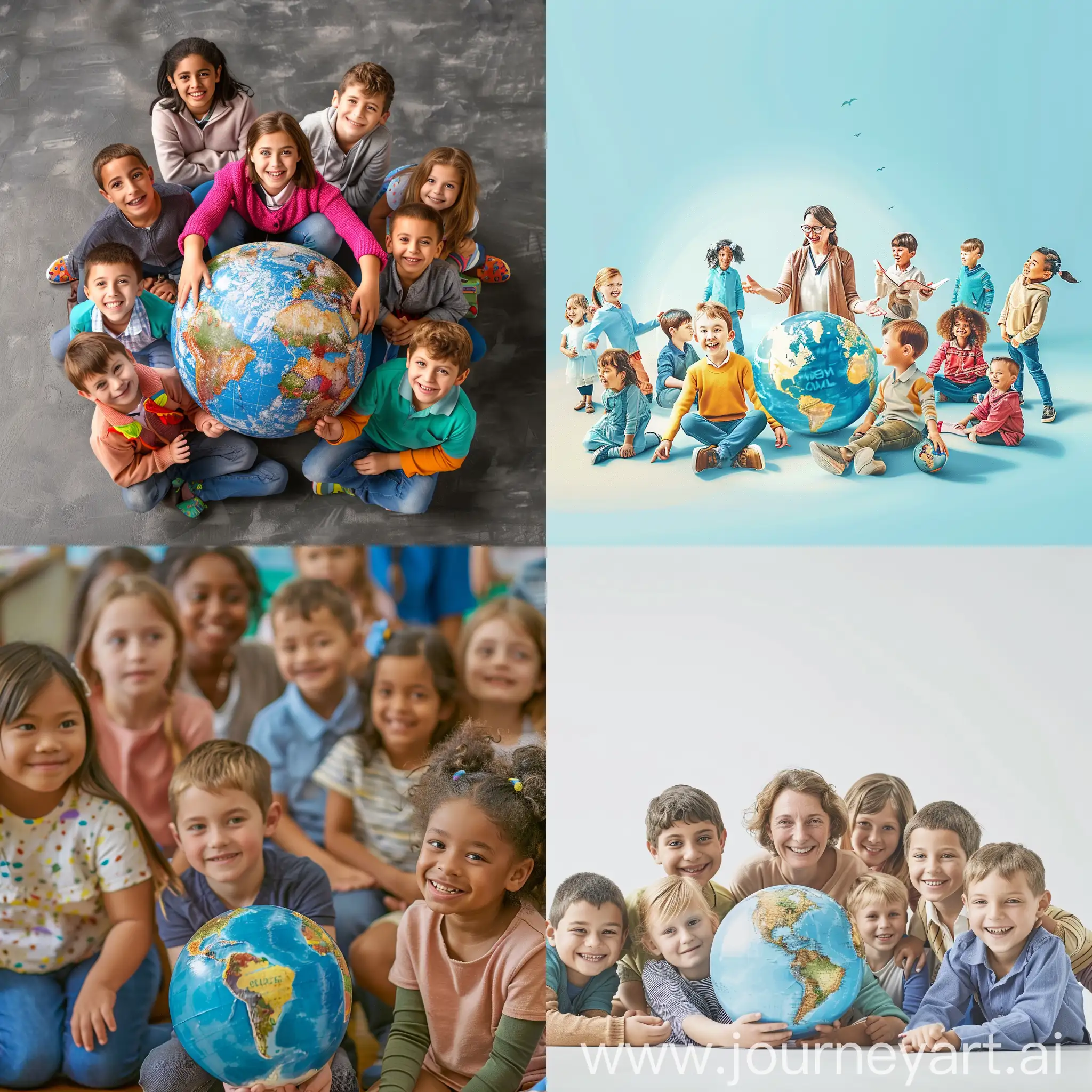 Зображення веселої та динамічної шкільної атмосфери з учителем і дітьми різних вікових груп, які зібралися разом, можливо в колі або навколо глобуса, щоб символізувати глобальність і інклюзивність SEEN.
