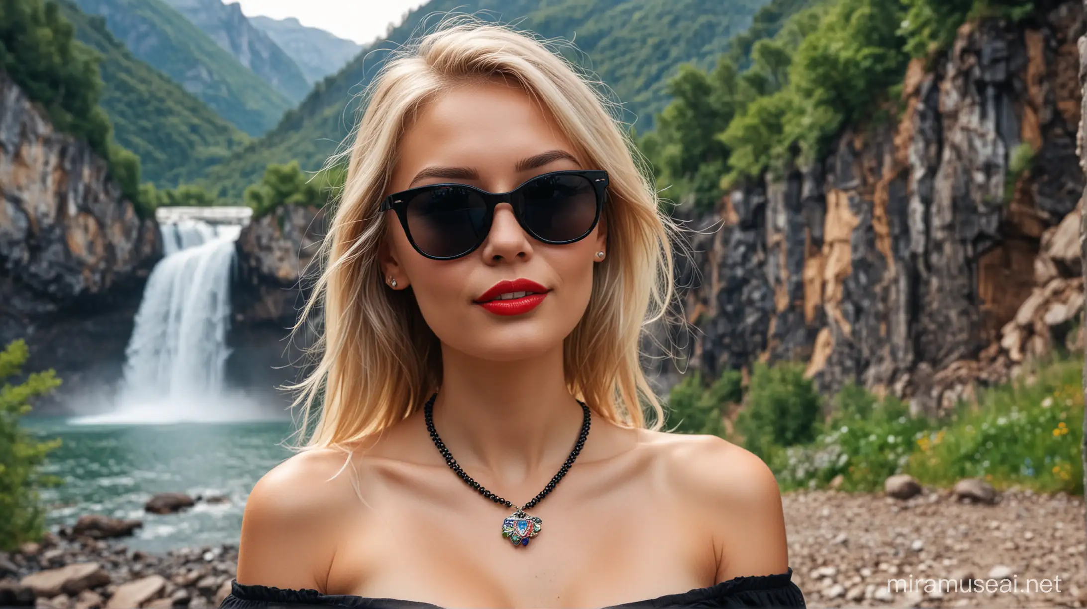 realistic portrait of a beautiful russian girls, wearing black color dress, medium sized boobs, blonde hairs, fair complexion, blue color necklace, bracelet in right hand, mountains in the background, greenery, black sun glasses, waterfall with rainbow in the background, light smile on red lips, sharp nose, dimples on cheeks
