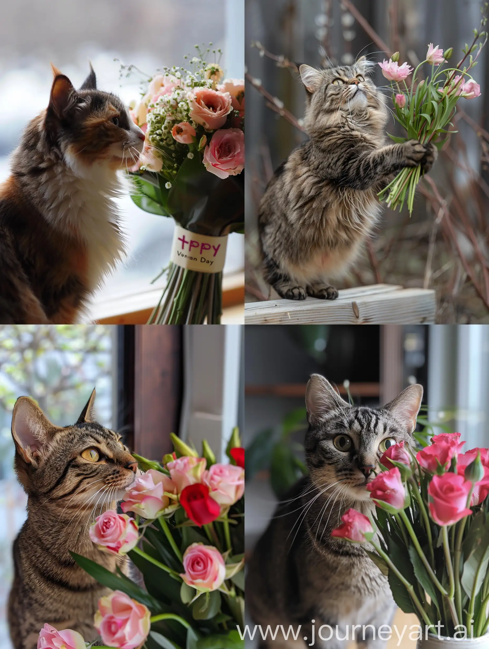 A cat sent a bunch of flowers to his mother to congratulate her on Happy Women's Day
