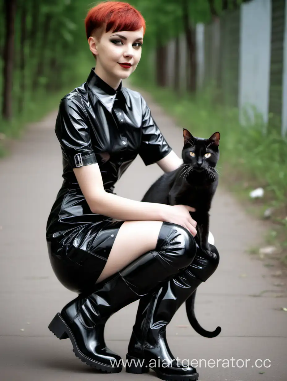 Girl-in-Latex-ShirtDress-Petting-Cat-with-Short-Hair-and-Boots