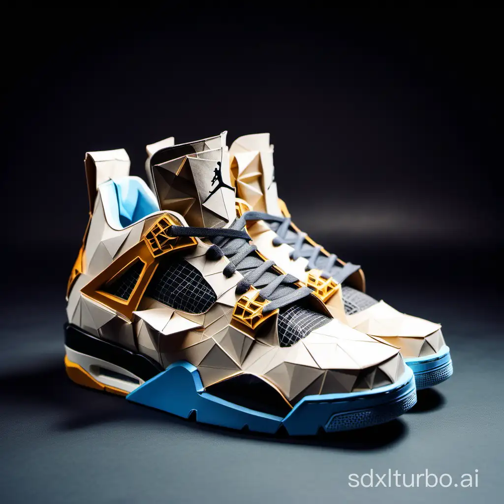 HI TECH Urban sneakers, Futuristic shoes, ALL PAPER, CARDBOARD POLYGONAL, paper shoes, shoes made of folded paper, very polyhedral, bulky, sharp angles, origami shoes, WITH NO LACES, VERY COMFI, DIFFERENT CARDBOARD COLORS, Jordan 4, cinematic, analog film