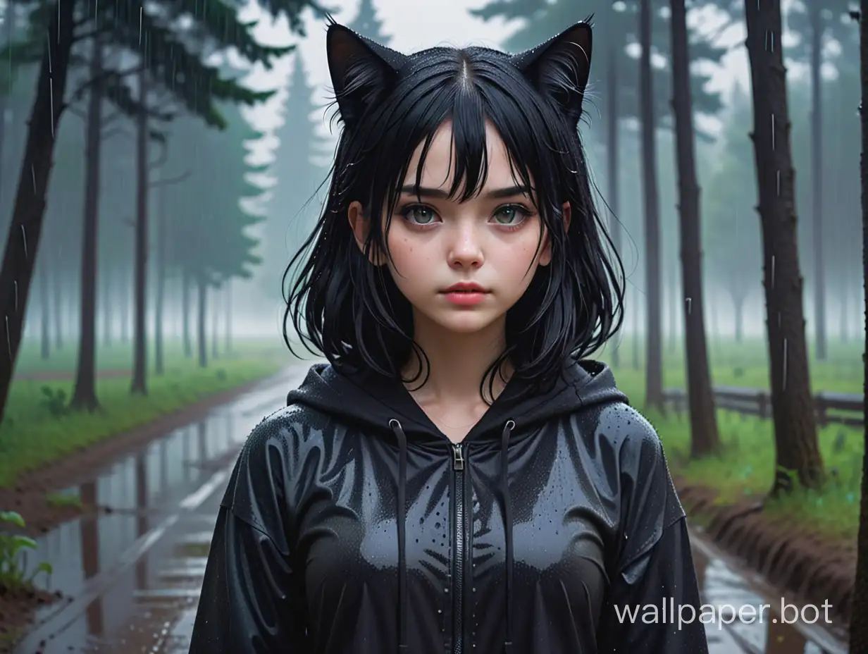 The girl cat with black hair and dark clothes in the rain near the forest of darkness