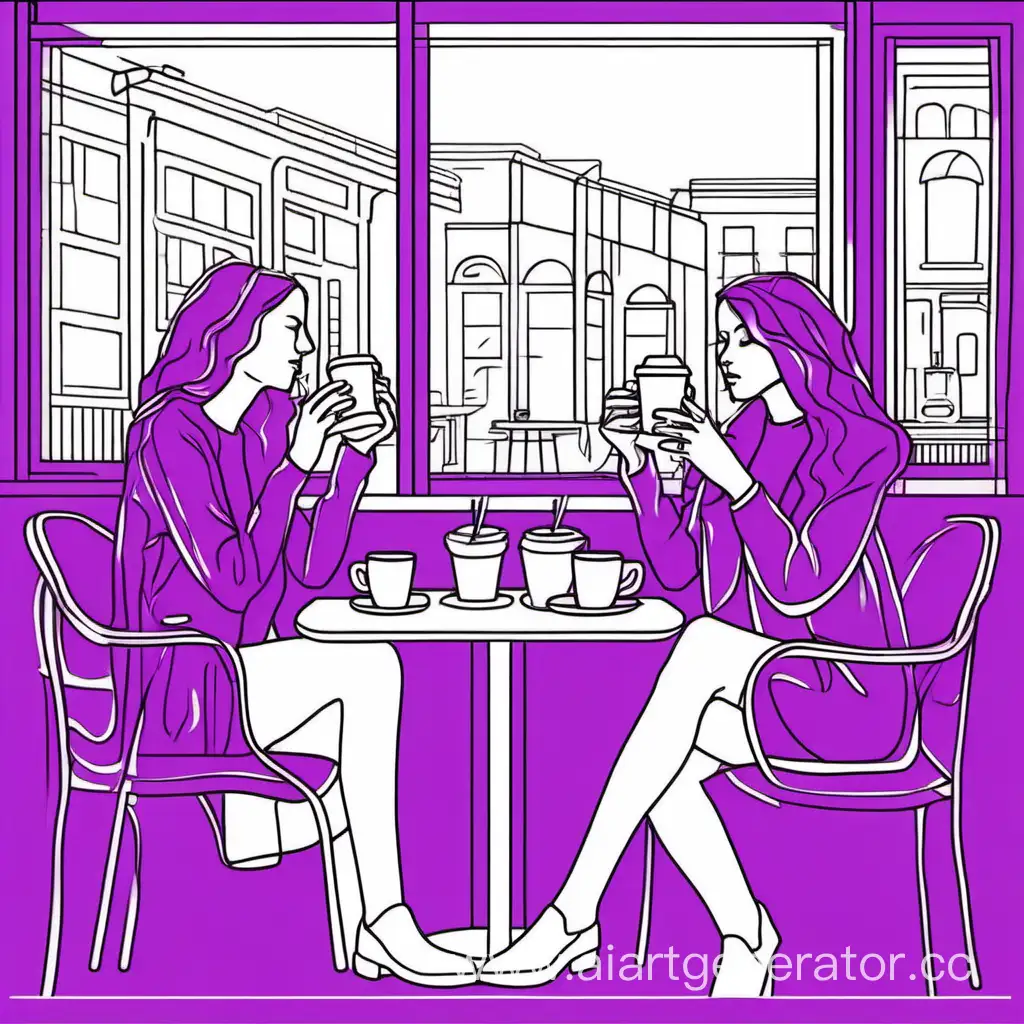 рисунок очертания две женщины в кафе пьют кофе фиолетовый цвет