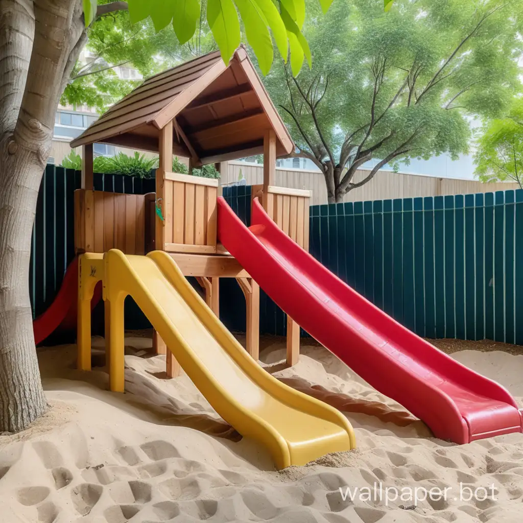 in a private childcare center  , outdoor yard very small, with a big slide under the trees，the slide was covered with mats so that no children can climb on it and play.  another side away from slide,   has  a tiny sandpit, sandpit no water allowed to play and very little toys in the sandpit, 