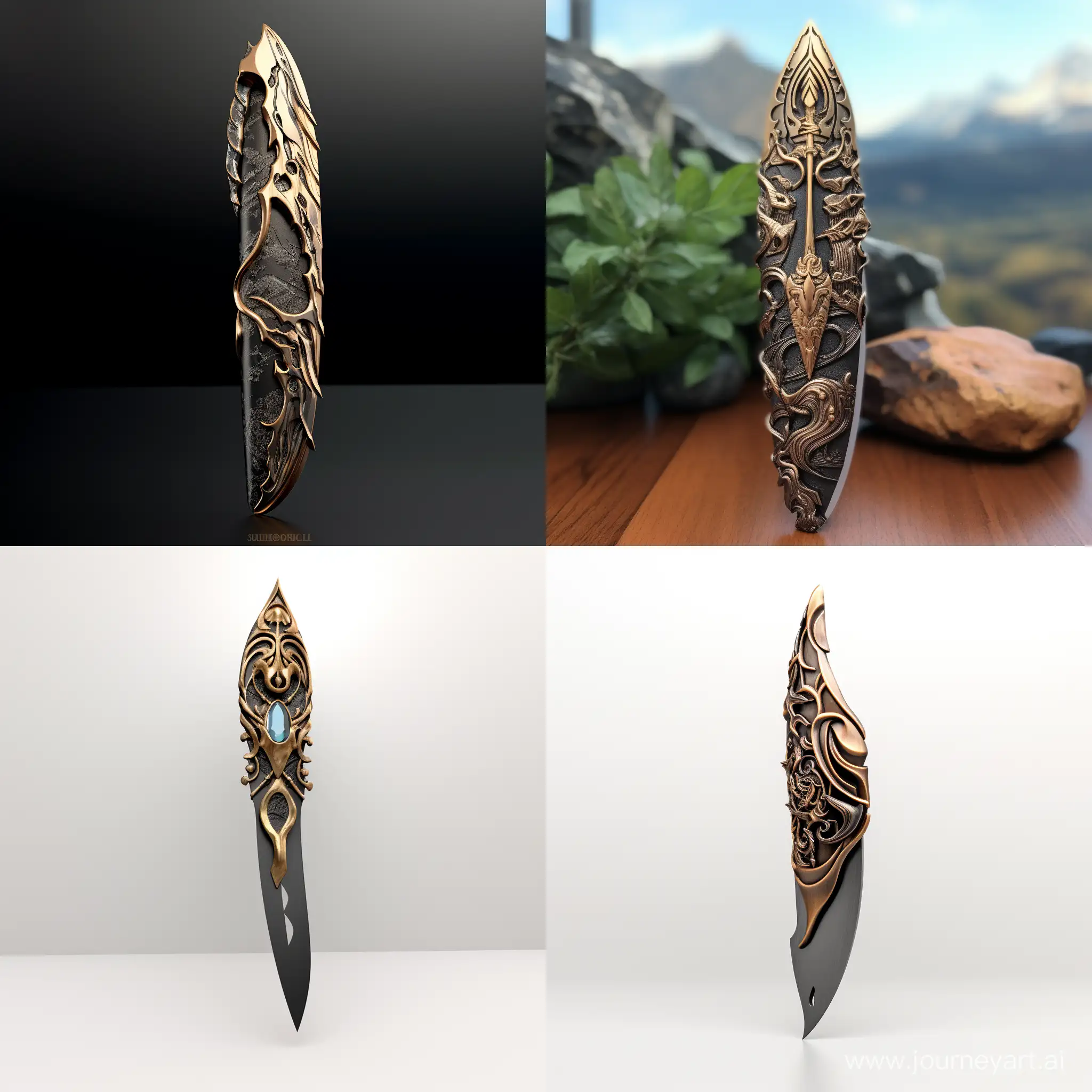 knife with bronze holder with meshy ornaments of mountains 3d printed
