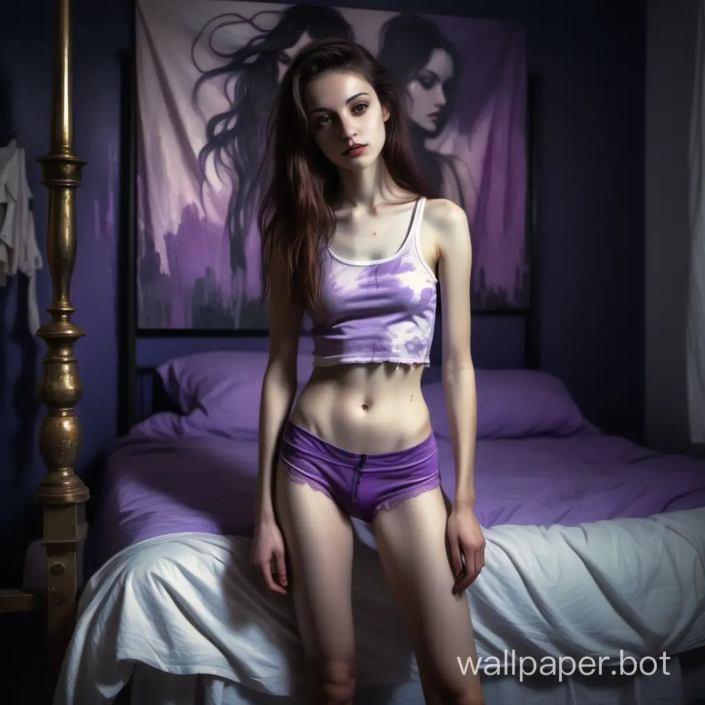 A pretty, petite, slender young lesbian with long brunette hair. Panties and cropped tank top. The  aesthetic and brushstroke textures of a vintage fine art oil painting . Untidy, girlish bedroom. Full body-length portrait. Muted purple colours. Night.