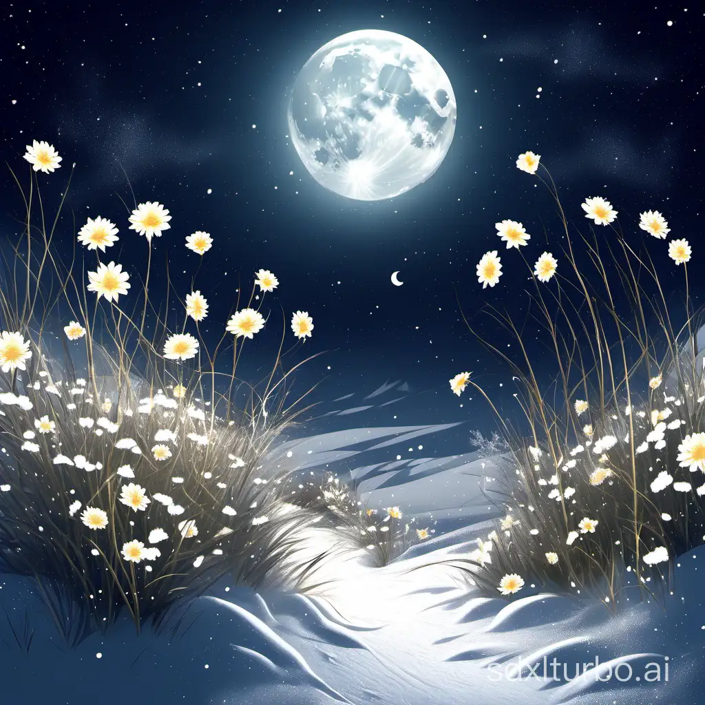 wind,flowers,snow,moon,night time