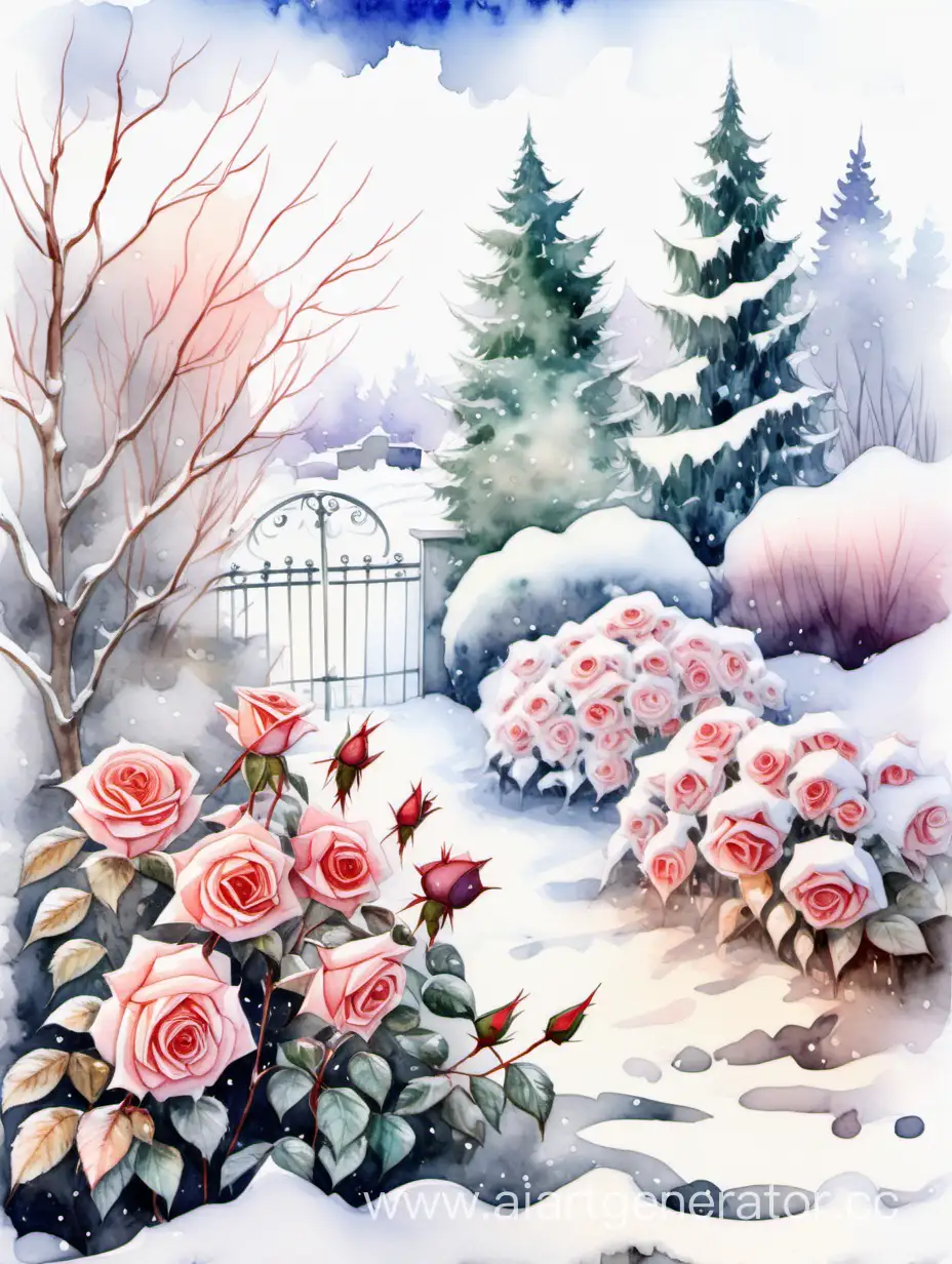 Зимний пейзаж , кусты розы в саду под снегом акварелью
