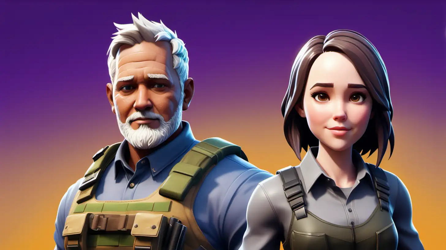 only 2 people, a white middle aged man soldier with very short grey hair and a very short grey beard, with a brunette woman with long brown hair who resembles ellen page in the style of the video game fortnite