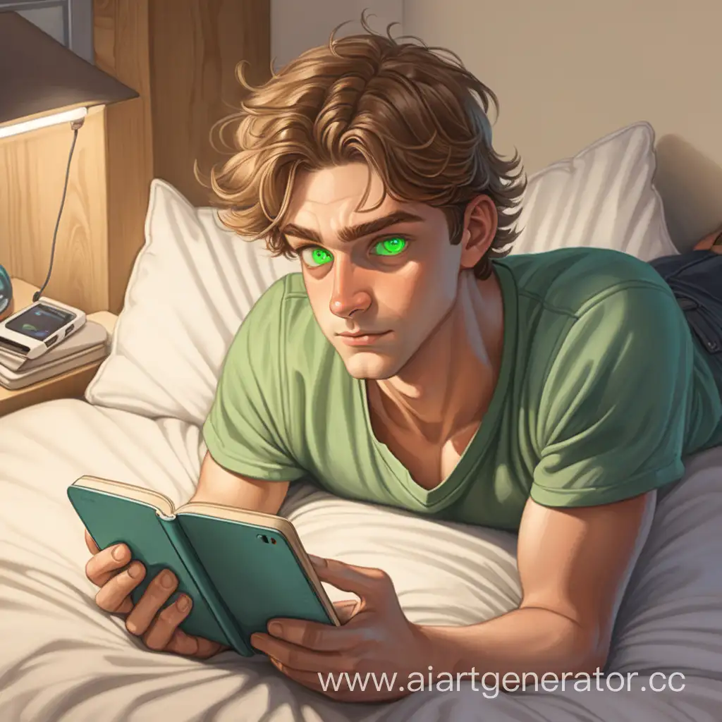 Парень с зелеными глазами и светло русыми волосами лежит на кровате и читать электронную книгу в телефоне
