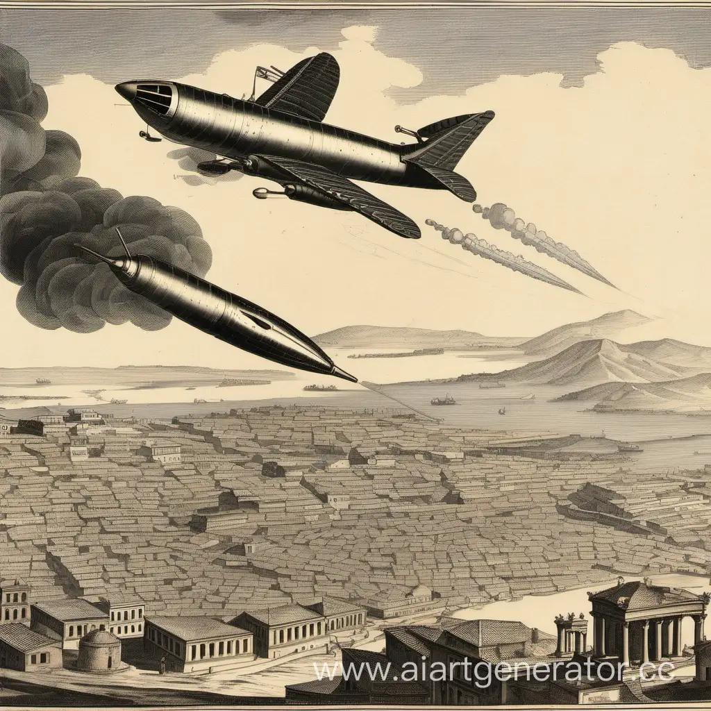 Самолёт запускает снаряды по Сицилии восемнадцатого века