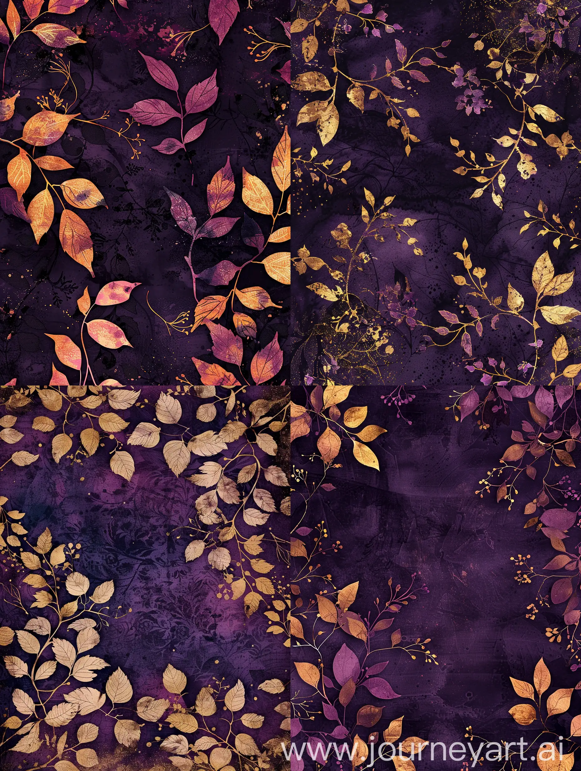 Fantasy-Dark-Purple-Floral-Background-with-Golden-Shadow-Leaves