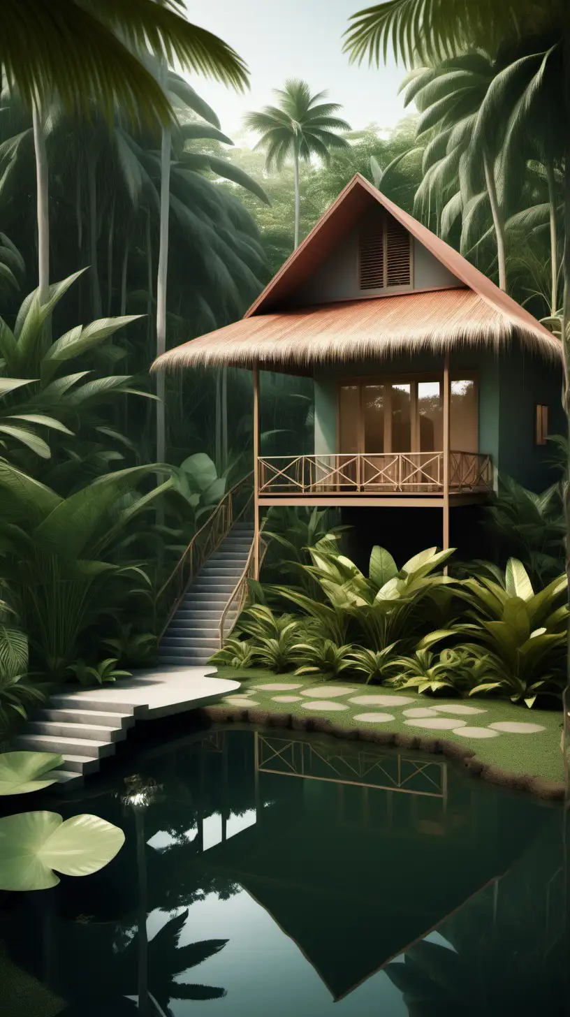 a outside oasis in the tropical forest with a small house with a porch and pond