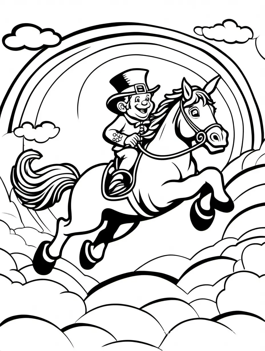 Leprechaun riding a flying horseshoe across the sky for St. Patrick's Day for kids, Coloring Page, black and white, line art, white background, Simplicity, Ample White Space. The background of the coloring page is plain white to make it easy for young children to color within the lines. The outlines of all the subjects are easy to distinguish, making it simple for kids to color without too much difficulty