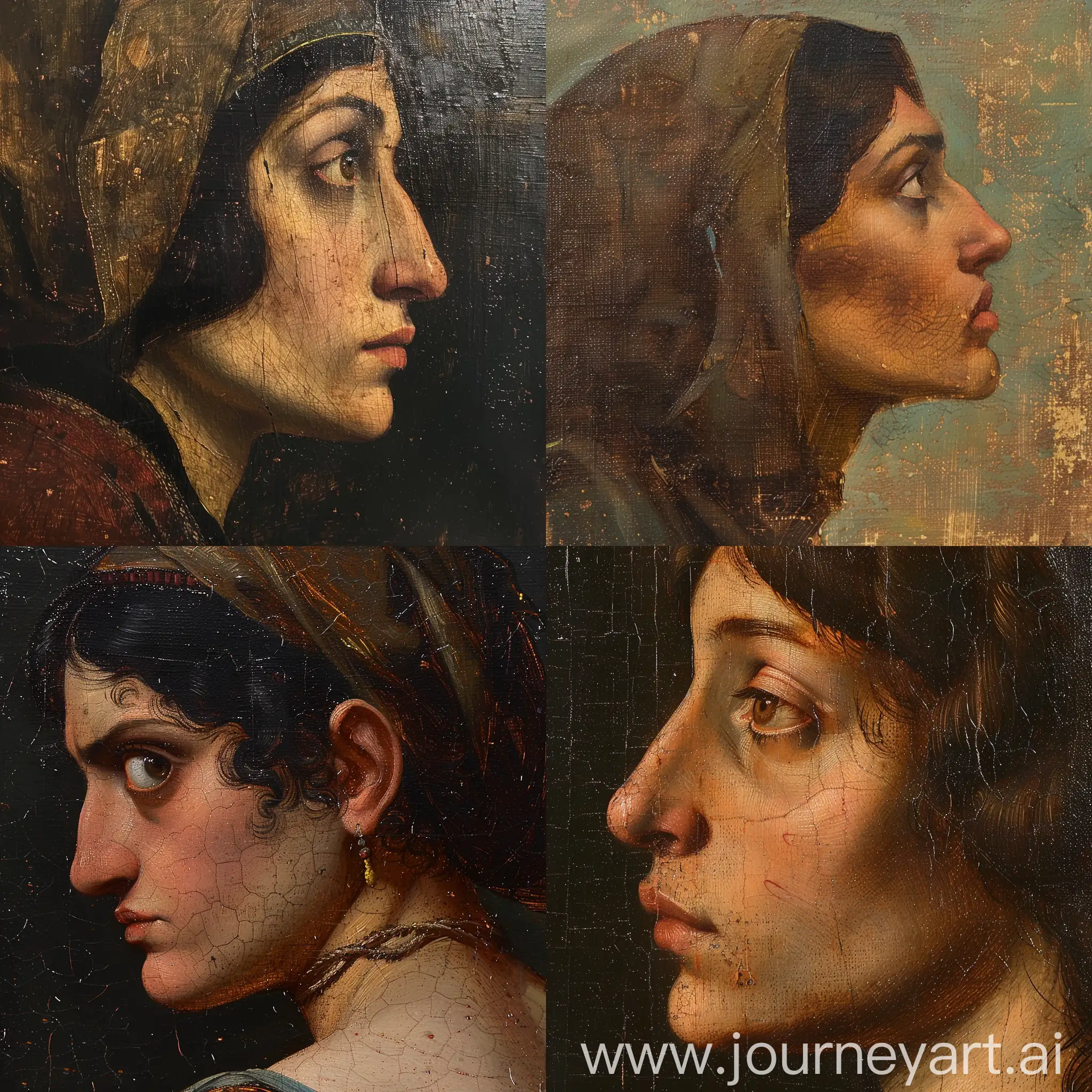 An Anatolian Greek woman. She looks very shady and her eyes have an evil sense to them. She also has a crooked nose. The painting is a side profile. Ottoman period. Islamic Renaissance style, Leonardo Davinci style, very detailed, oil painting.