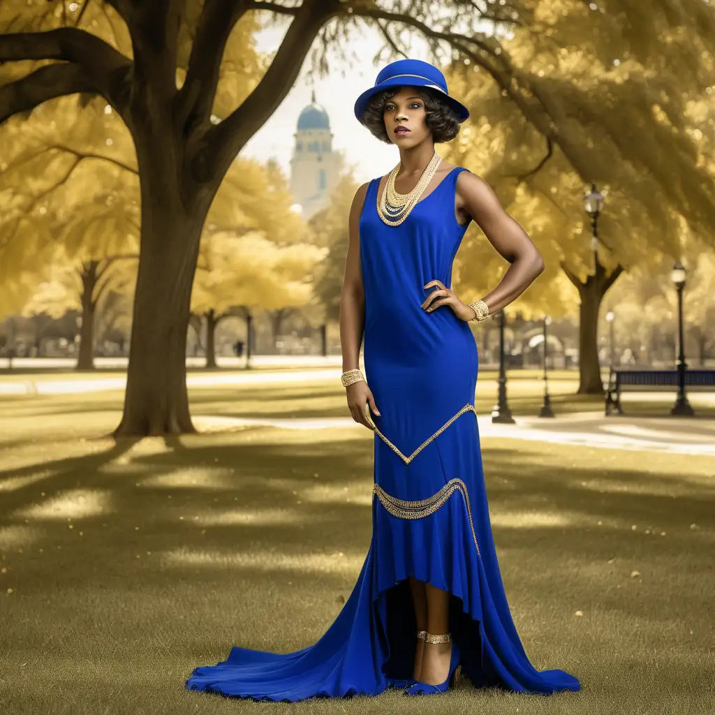 create image of an elegant beautiful 
black woman from 1922 in front of a park. She is modeling a royal blue and gold dress