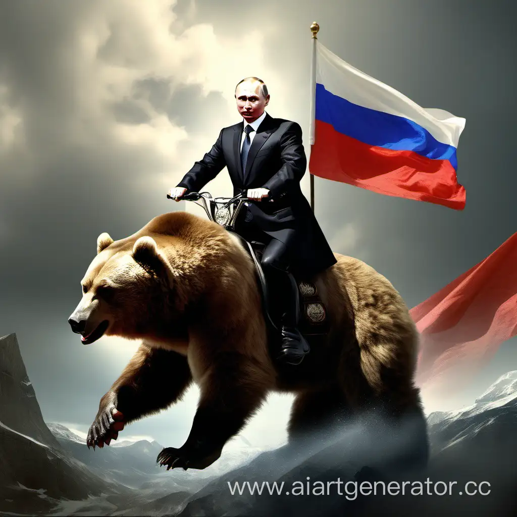 Владимир Владимирович Путин с российским флагом в левой руке и конституцией в правой руке, верхом на медведе
