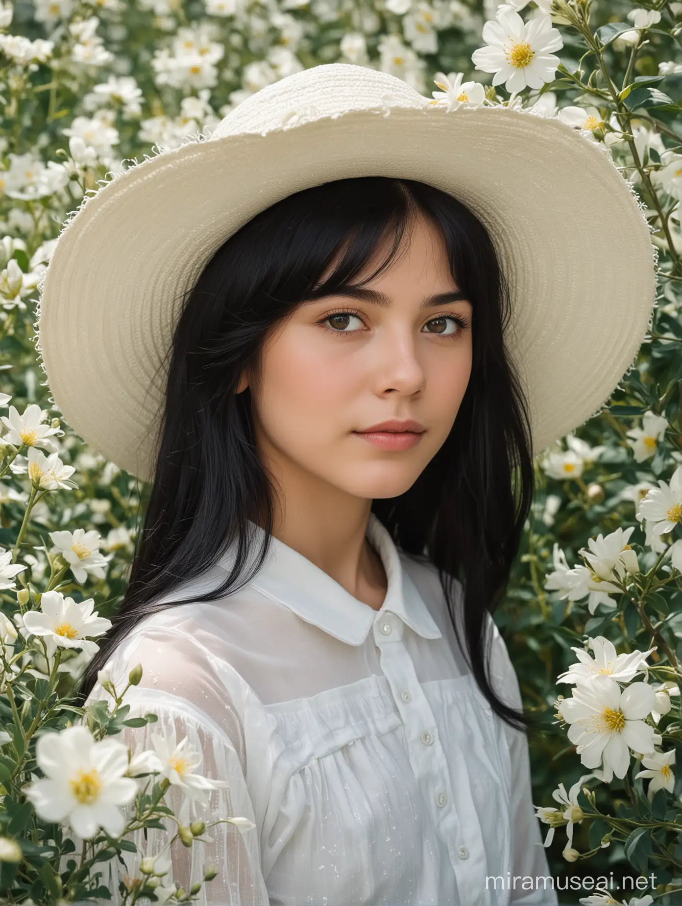 Portrait of a young girl with black hair and a white hat among white flowers