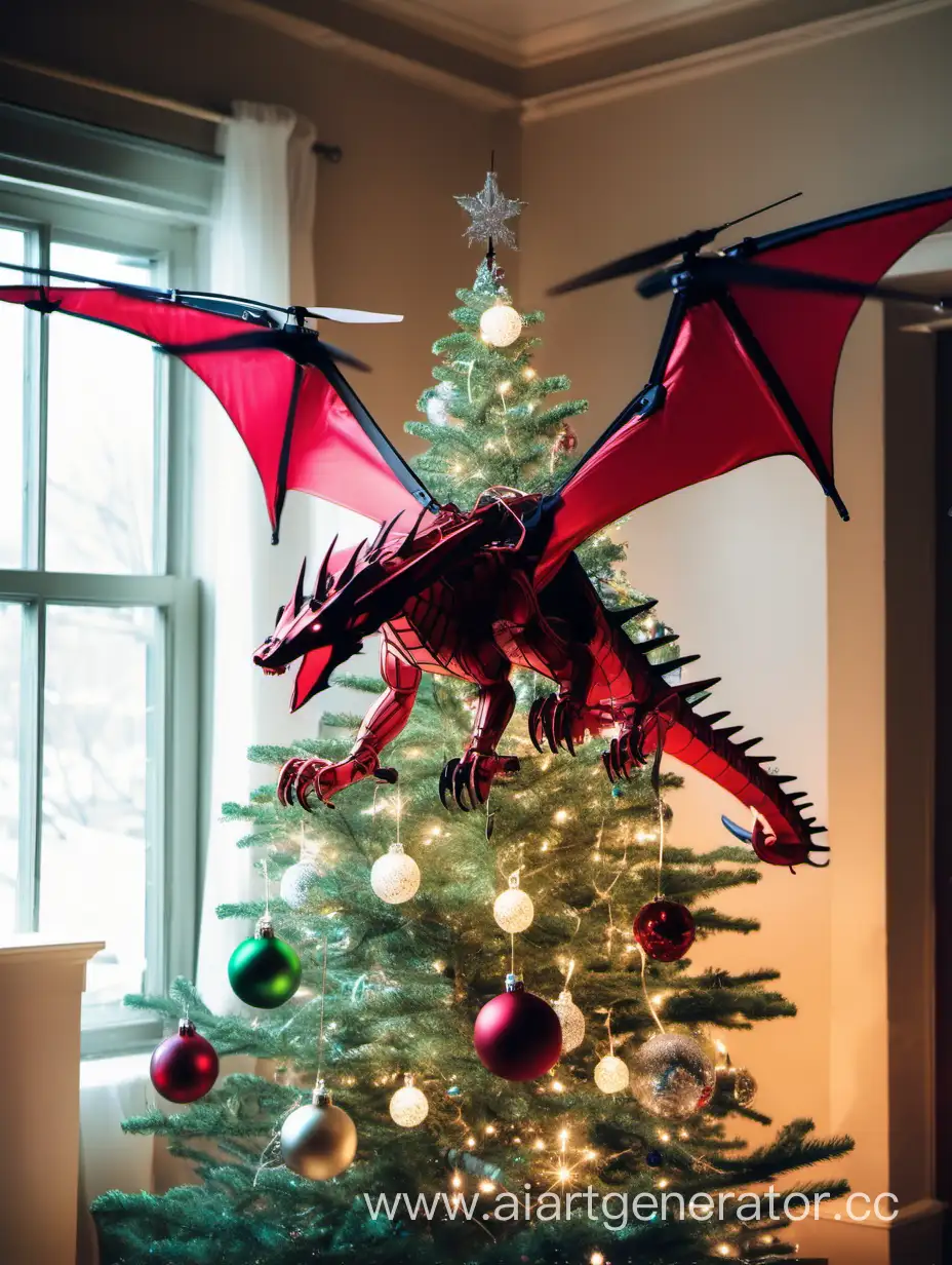 A dragon-shaped drone is decorating a Christmas tree