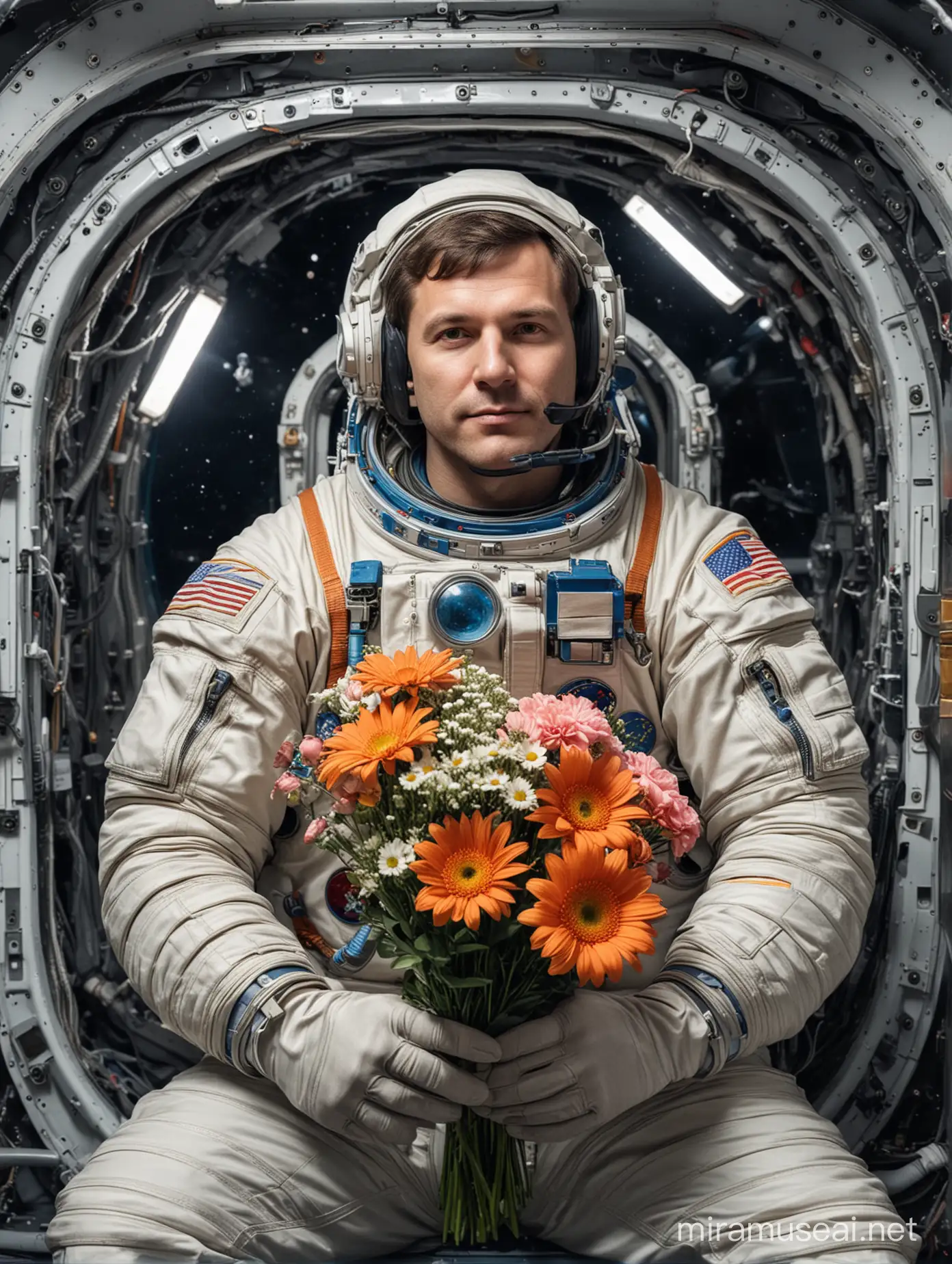 Мужчина космонавт в космосе на корабле с букетом цветов
